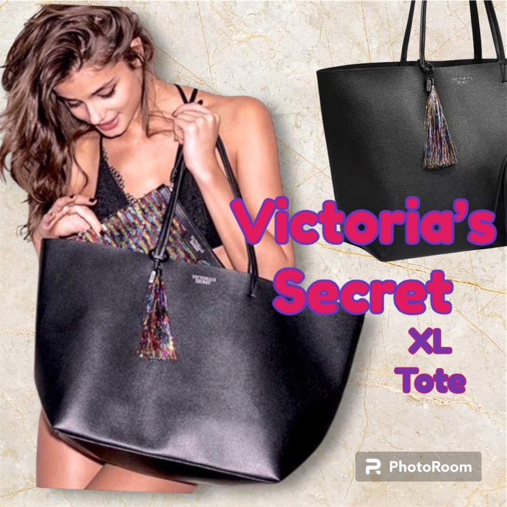 Victorias Secret Tote XL Black Faux Leather with Multi Color Decorative Tassel